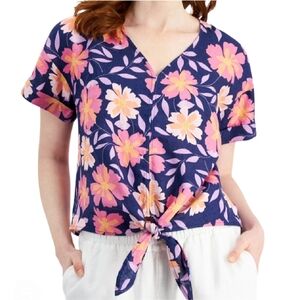 Charter Club Linen Floral Blouse Top Womens Size XL